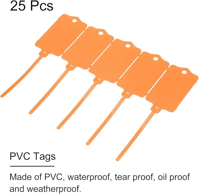 MECCANIXITY Plastic Tags Key Label Tags, for Plastic Tie Mark Product Identification Tags,Valve Marking,Outdoor Tagging, 1.5x2.5 Inch Orange 25Packs