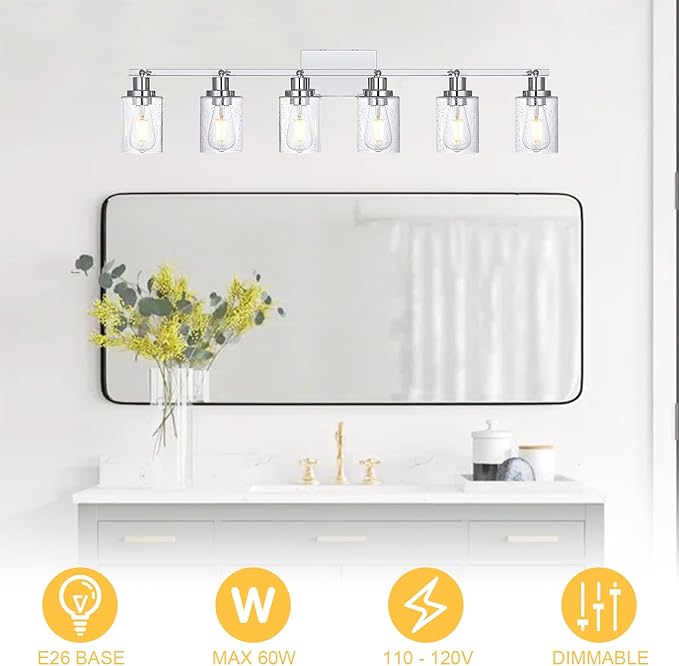 6-Light Track Lighting Kit Chrome Tracking Lights Fixture Ceiling Vanity Light with Seeded Glass Track Lighting Heads, Multi-Directional Rotating Spotlight Fixtures for Kitchen Accent Shop