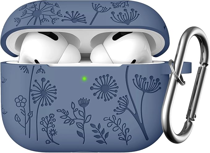 Lerobo Compatible with Apple Airpods Pro 2nd 1st Generation Case Cute Flower Engraved Cover Soft Silicone Skin Cover Full Protective Case for AirPod Pro/Pro 2 Case USB C, Front LED Visible, Blue Gray
