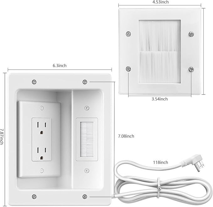 TV Cord Hider for Wall Mounted TV – Dual Outlet in-Wall Cable Management Kit for Power & Low Voltage Cables – Includes 9.84”L x 7.87”H x 3.94”D Module, Wall Template, Saw (2 Data Cable Jacks)