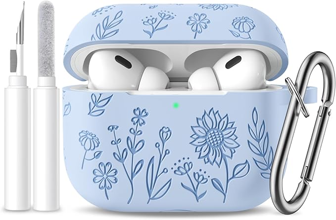 Flower Engraved Case for AirPods Pro 2 Gen with Clean Kit & Keychain, Cute Soft Silicone Protective AirPods Pro Case Cover for Apple AirPods Pro 2nd/1st Generation,Front LED Visible, Lilac