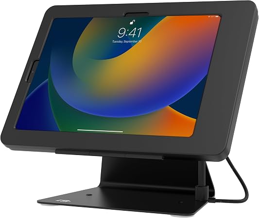CTA Digital Desktop Anti-Theft Stand – Kiosk Stand with Stylus, Tether, and Aluminum Enclosure for iPad 11th Gen A16 11” - 10th Gen 10.9” - Air 4th & 5th Gen - 11” Pro & More - Black (PAD-DASB109)