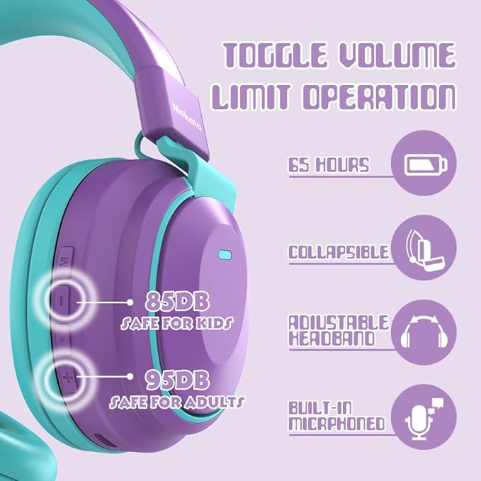 Kids Headphones Bluetooth 5.3 Wireless Lightweight Fast Charging 68 Hours Play Time Volume Limited 85/94dB Over Ear Foldable with Built-in Mic for Toddler Boy Girl Tablet Pad Purple
