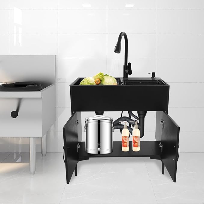 30-Inch Laundry Sink with Cabinet and Pull-Out Sprayer Faucet, Freestanding Kitchen Sink Cabinet with Stainless Steel Sink & Draining Basket, Wash Station Tub for Laundry & Bathroom, Kitchen