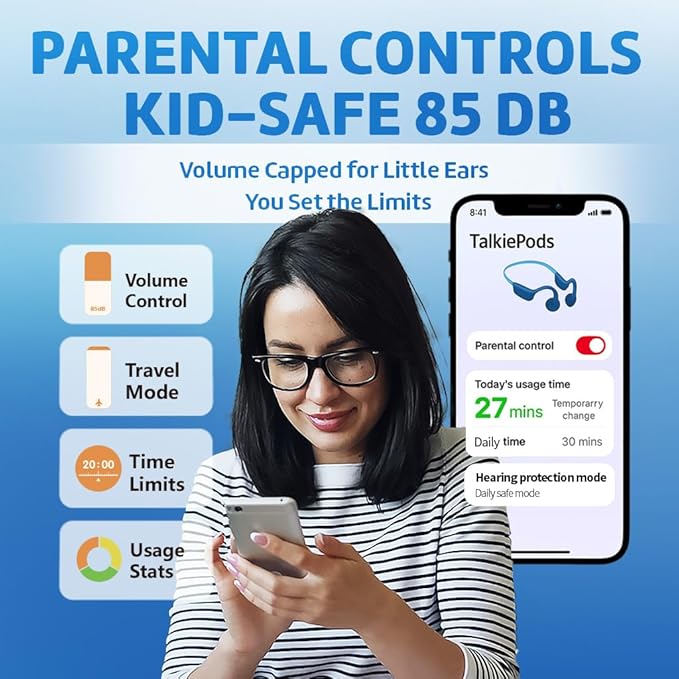 Kids Bluetooth Headphones, Air Conduction Open-Ear Headphones, Mic/Touch, 85dB Limit, Parental Control, Clear Audio, Lightweight, Rugged & Durable, IP54/20H, Earbuds for School/Travel - Blue