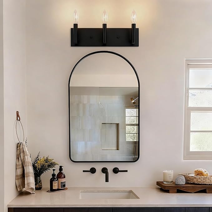 Kalium Bathroom Light Vanity Fixtures Over Mirror, 3-Lights Modern Matte Black Wall Sconces, Minimalist Wall Lights for Livingroom Bedroom Entryway Hallway Staircase, E12 Base(Bulbs Not Included)