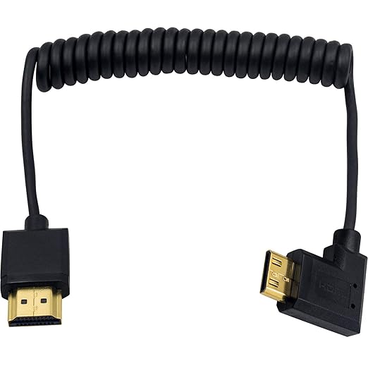 Duttek Thin Mini HDMI to HDMI Coiled Cable 1FT-4Ft, Ultra Slim & Flexible Soft Left Angled HDMI to Mini HDMI Cable Supports 3D/4K@60Hz for HDTV, Tablet, Camera and Camcorder