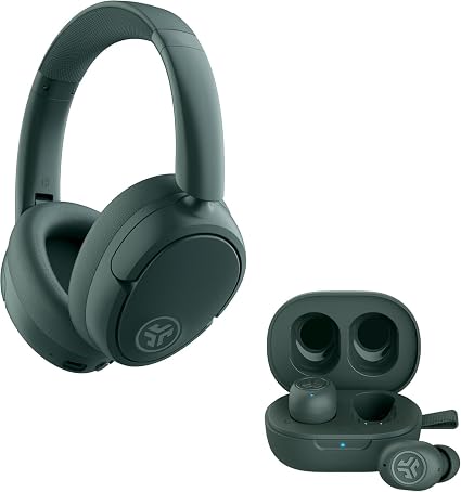 JLab JBuds Lux ANC Over Ear Headphones Bundle with JBuds Mini True Wireless Earbuds, Active Noise Cancelling, Bluetooth multipoint, Sage