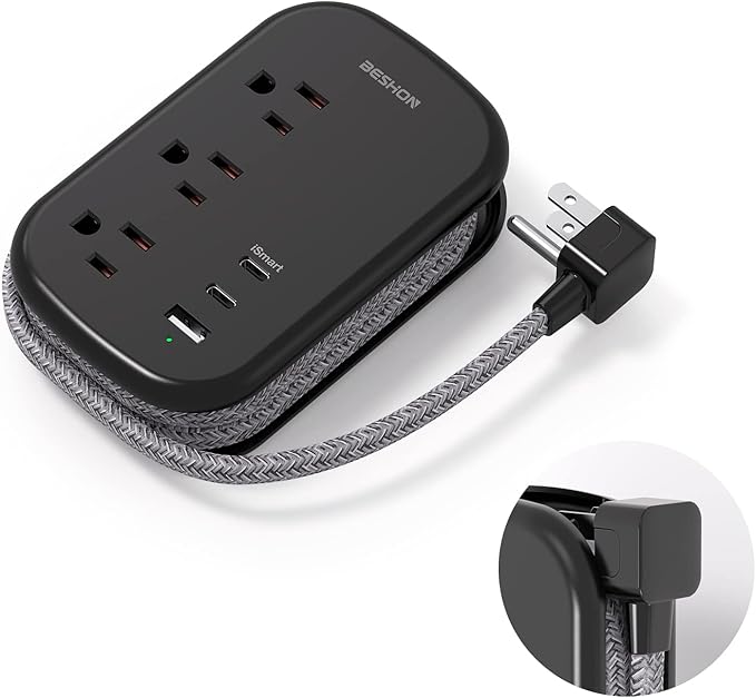 USB C Travel Power Strip, BESHON Ultra Flat Extension Cord, Flat Plug Power Strip, 3 Outlets with 3 USB Ports(2 USB C), 3.2ft Wrapped Around Extension Cord for Cruise Ship, Travel Essentials, Black
