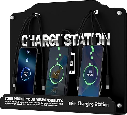 Wall Mounted 8 Port Charging Station with Fast Charigng Cables – Multi Device Charging Dock for Office, Hotel & Public Spaces | Compatible with iPhone ipad Smartphone Tablets Android Port (Black)