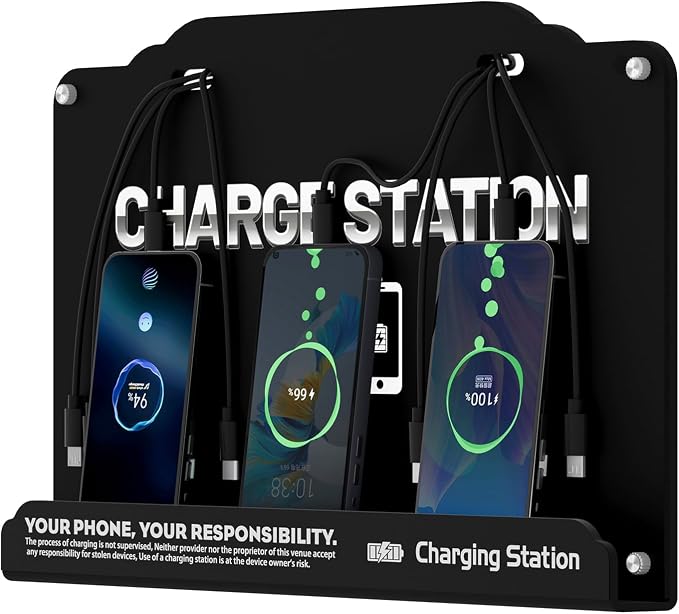 Wall Mounted 8 Port Charging Station with Fast Charigng Cables – Multi Device Charging Dock for Office, Hotel & Public Spaces | Compatible with iPhone ipad Smartphone Tablets Android Port (Black)