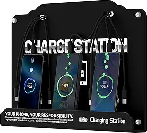 Wall Mounted 8 Port Charging Station with Fast Charigng Cables – Multi Device Charging Dock for Office, Hotel & Public Spaces | Compatible with iPhone ipad Smartphone Tablets Android Port (Black)