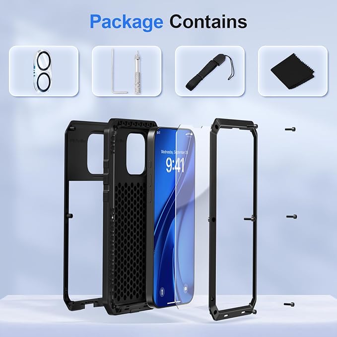 Mitywah Metal Case for iPhone 16 Plus, Heavy Duty Rugged Phone Case Built-in 9H Temperd Screen Protector, Military Grade Full Body Protective Dual Layer Bumper Protective Case for 16 Plus 6.7" Black