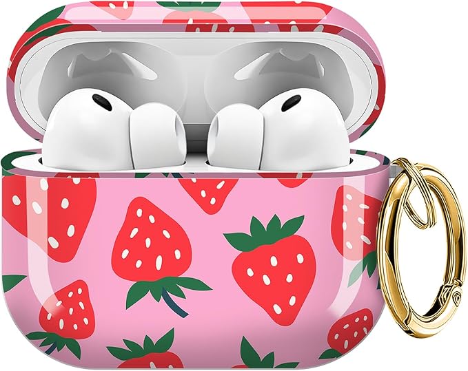 Case for AirPod Pro 3 Shock-Proof Protective Hard Case with Golden Keychain Compatible with Apple Airpods Pro 3rd Generation 2025 (Cute Pink Strawberry)