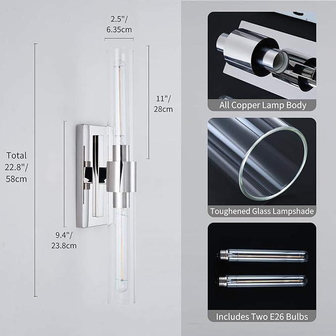 Nickel Bathroom Vanity Light, 2-Light Bathroom Wall Sconce Over Mirror, Chrome Vanity Lights for Bathroom, Dimmable Vanity Sconce with Glass Tube, Indoor Linear Wall Sconce for vertical and horizontal