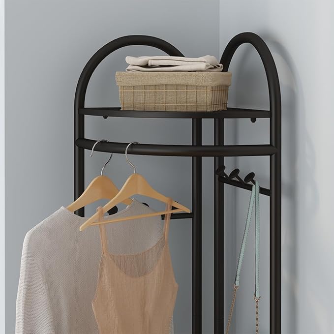 Black Corner Hall Tree, Freestanding Garment Rack with 6 Hooks and Storage Shelf, Metal Clothing Racks Coat Racks for Hallway, Entryway, Bedroom, Living Room, Office(Black)