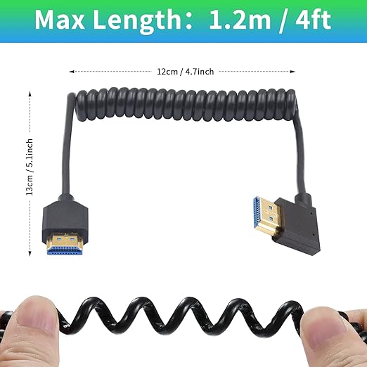 Duttek 8K Right Angle HDMI Cable 1FT-4FT, Coiled HDMI Cable 48Gbps, Extreme Thin HDMI Male to Male Coiled Cable Support Dynamic HDR, Has 8K@60Hz Resolution Backward Compatible 4K Ultra HD, 1080p, 3D