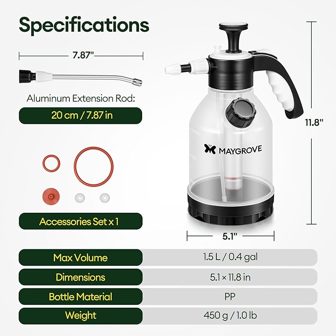50oz Pump Sprayer, Hand Water Spray Bottle for Indoor Plant, Clear Plant Sprayer with Side Filling Port, Measuring Cup, Adjustable Nozzles, Safe Pressure Relief Valve