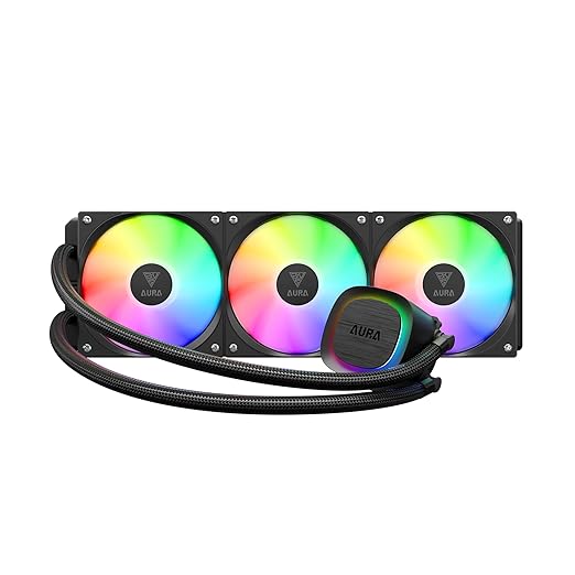 GAMDIAS Aura GLV2 360mm AIO Liquid CPU Cooler, Rotatable Performance 10-Pole Pump, 3 x 120mm Daisy-Chained Hidden Cable Fans, Low-Noise PWM & ARGB Sync Ready, Intel LGA 1851/1700；AMD AM5/AM4, Black