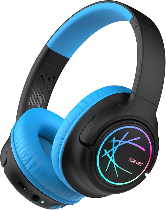 iClever Kids Bluetooth Headphones with LED Lights, BTH18 Safe Volume 74/85dBA, 43H Playtime, Bluetooth5.3 Kids Headphones Wireless Aux Cord for iPad Tablet Travel School, Black