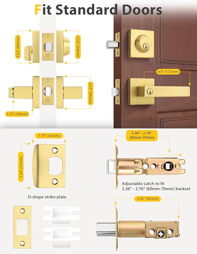 6 Pack Brushed Gold Keyed Alike Front/Exterior Door Lever with Single Cylinder Deadbolt, Satin Brass Entry Door Knob Lock Set Combo Sets, for Entrance/Front and Office Doors