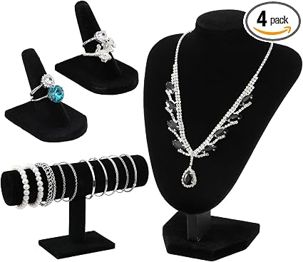 4 Pcs Velvet Jewelry Display Set Velvet Necklace Bust Holder Bracelet Organizer Ring Finger Jewelry Holder Organizer for Vendors Selling Trade Show Retail Home Decor (Black)
