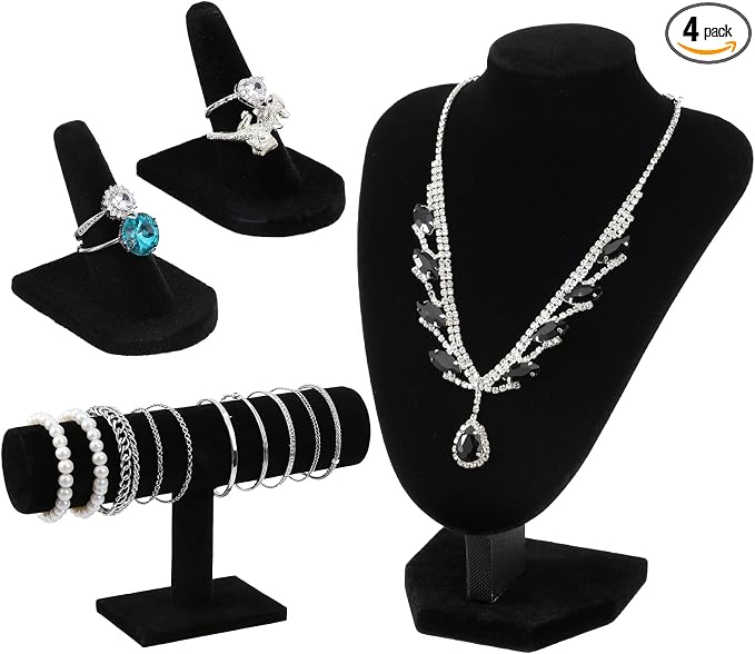 4 Pcs Velvet Jewelry Display Set Velvet Necklace Bust Holder Bracelet Organizer Ring Finger Jewelry Holder Organizer for Vendors Selling Trade Show Retail Home Decor (Black)