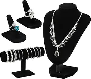 4 Pcs Velvet Jewelry Display Set Velvet Necklace Bust Holder Bracelet Organizer Ring Finger Jewelry Holder Organizer for Vendors Selling Trade Show Retail Home Decor (Black)