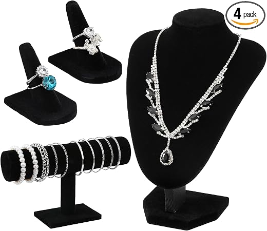 4 Pcs Velvet Jewelry Display Set Velvet Necklace Bust Holder Bracelet Organizer Ring Finger Jewelry Holder Organizer for Vendors Selling Trade Show Retail Home Decor (Black)
