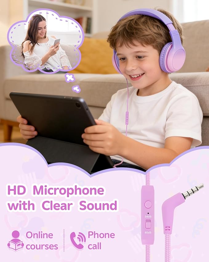 Over Ear Kids Headphones with HD Mic, Safe Volume Limited Wired Headphones for School, Travel, Stereo Sound Headphones with Cord, Foldable 3.5mm Headphones for iPad, Laptop, PC, Purple-Pink