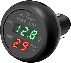 3 in 1 Car Voltmeter,USB Charger Adapter Auto Cigarette Lighter Plug Voltage Meter Vehicle Temperature Gauge Battery Tester Monitor with LCD Digital Display for 12V/24V Trucks, SUVs, Buses
