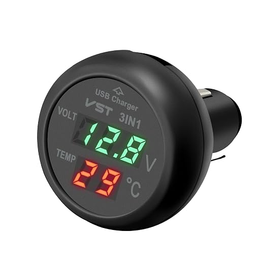 3 in 1 Car Voltmeter,USB Charger Adapter Auto Cigarette Lighter Plug Voltage Meter Vehicle Temperature Gauge Battery Tester Monitor with LCD Digital Display for 12V/24V Trucks, SUVs, Buses