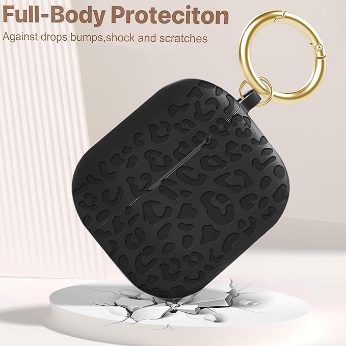 Engraved Case for AirPods 3rd Generation Carving Cover with Keychain, Leopard Skin Soft Cover for Compatible with AirPods 3rd Generation Case Full Protection,Front LED Visible,Black