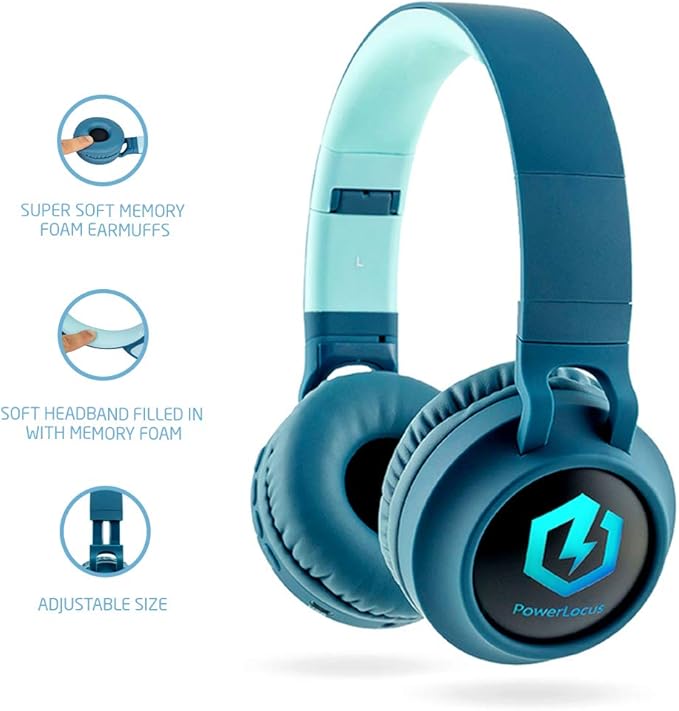 PowerLocus Kids Headphones Wireless, Bluetooth Headphones for Kids Over Ear, LED Lights, 85dB Safe Volume Limit, Foldable, Micro SD Mode, Built-in and Line-in Microphone for Phones,Tablets,Laptop