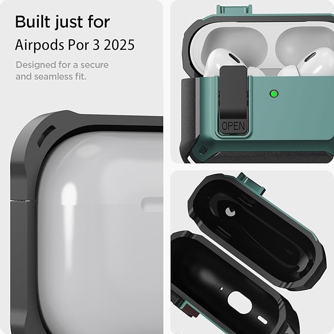 for Airpods Pro 3 Case with Lock Clip, Rugged Apple Airpods Pro 3rd Generation Cover 2025 Men Women, Armor Shockproof iPod Pro3 Gen Protective Hard Shell with Carabiner&Cleaner kit,Black/Green