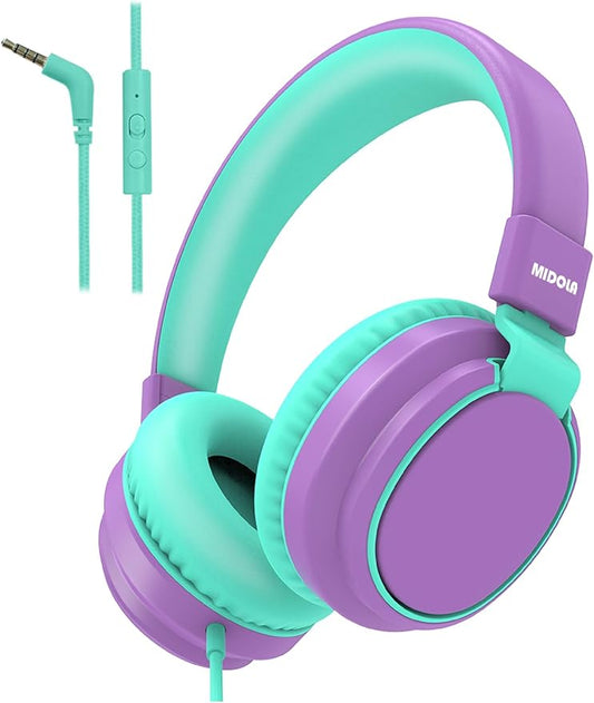 MIDOLA Kids Headphone Wired Volume Limited 85/94dB Over-Ear/On-Ear Foldable Headset with Microphone Hearing Protection Headphones for Toddler Boy Girl Child School Learning Pad Tablet Purple
