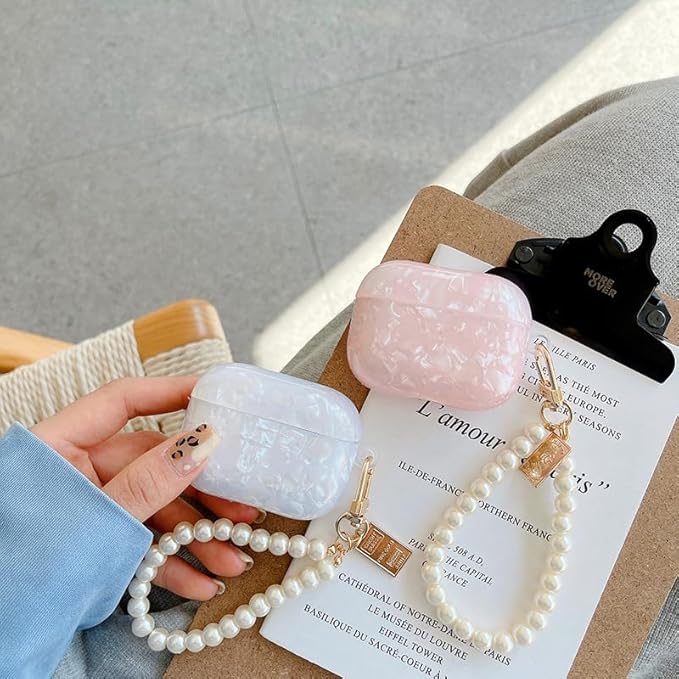for Cute Glitter Airpods Pro 2nd/1st Generation Case with Cleaner Pen, Shell Pattern Airpods iPod Pro 2 Gen Cover Protective Skin Girl Women with Luxury Pearl Keychain 2023/2022/2019 - White