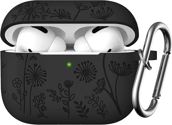 Lerobo Flower Engraved Case Compatible with Apple AirPods Pro 2 Case Cover Full Protective Cover for AirPods Pro Case 2nd 1st Generation 2022/2023 USB C Cute Soft Silicone Skin Front LED Visible Black