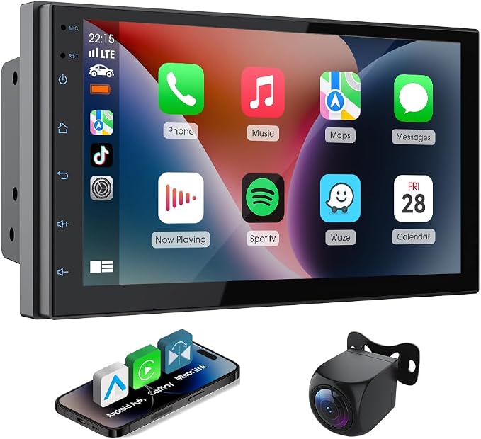 Haudio 7" Car Stereo Double Din Wireless Apple Carplay Radio Screen for Car Audio Receivers, Bluetooth 5.0 Car Play Android Auto Touchscreen, Channel RCA, Backup Camera, SWC, FM/AM|Car Audio Receivers