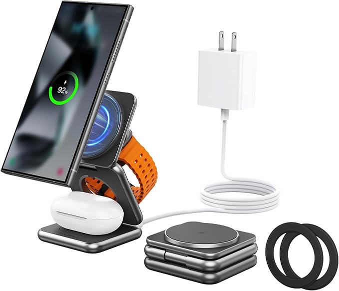 KU XIU Wireless Charger for Samsung,Aluminum Alloy Foldable 3 in 1 Wireless Charging Station for Galaxy S26 S25 Ultra S24 S23 Note Z Fold 7 Flip/Buds,Fast Charger for Galaxy Watch Ultra 8 7 6 5