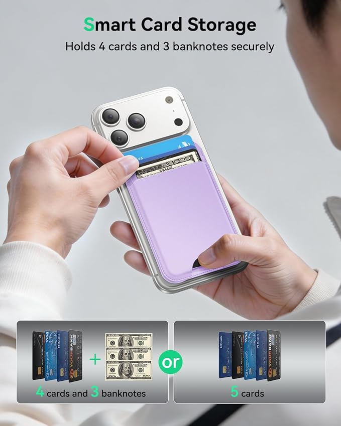 for MagSafe Wallet with Stand, 5 Card Holder, Slim Leather Magnetic Wallet for iPhone 17/16/15/14/13/12 Pro Max Plus Air Series, 3 Card Slots & 1 Cash Slot,Purple