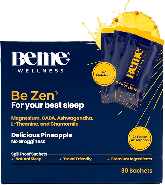 BeMe Magnesium Drink for Sleep - Melatonin-Free Magnesium for Sleep with Ashwagandha, L-Theanine & GABA - Fast-Absorbing Calm Pineapple - 30 Sachets
