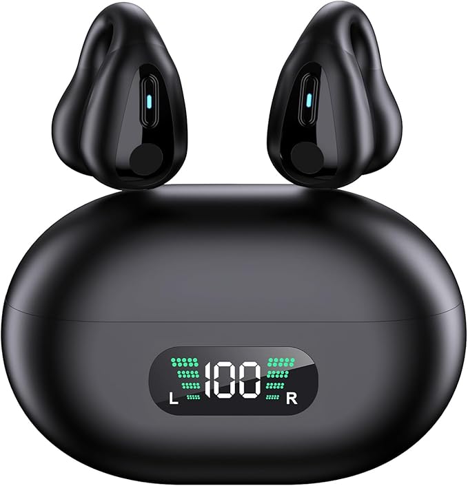 Open-Ear Wireless Headphones Bluetooth Clip On Mini Earbuds Charging Case Ear Buds Sports Bone Conduction Headphones Earphones for TV Phone Laptop Music (Black)