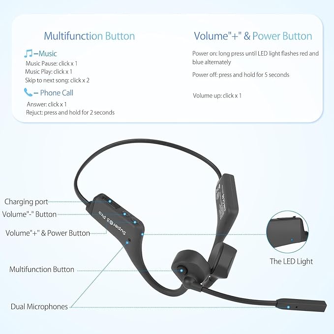 Bone Conduction Bluetooth Headphones with ENC Boom Mic Wireless Computer Headsets with Mic Noise Canceling Open Ear 8H Playtime Multi-Device Pairing for Sports Work Driving Study