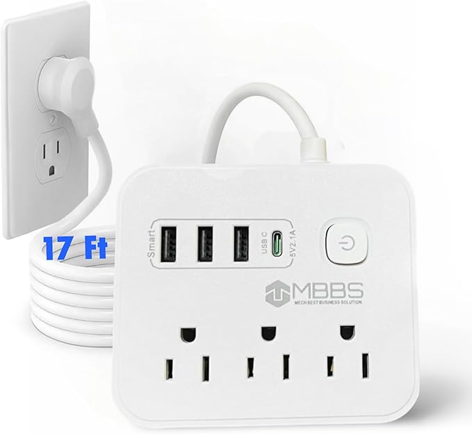 17 ft Surge Protector Power Strip with USB C, 1200J Protection, Heavy Duty Extension Cord – (7-in-1) 3 AC Outlets, 4 USB Ports, LED On/Off Switch – Compact & Travel Friendly – Home, Office. (White)