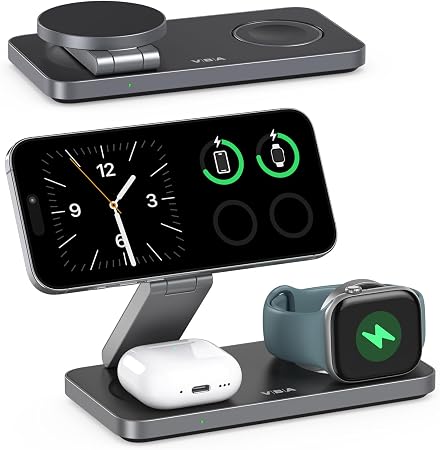 VBA 3 in 1 Wireless Charging Station for Apple MagSafe Charger,Foldable Fast Charging Magnetic Wireless Charger Stand,Travel Charger for iPhone 17 Air 16 15 14 13 12,Apple Watch,AirPods (Black) - Image 3
