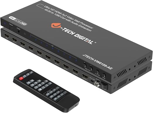 J-Tech Digital Video Wall Controller 3x3, 4K30Hz Input 1080P Output HDMI Video Wall Processor with Audio Extraction, 13 Display Modes 180° Image Rotation Edge Masking [JTECH-VW0109-AE]