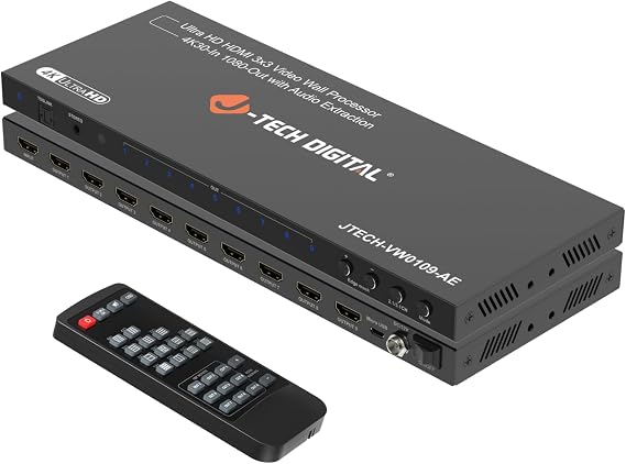 J-Tech Digital Video Wall Controller 3x3, 4K30Hz Input 1080P Output HDMI Video Wall Processor with Audio Extraction, 13 Display Modes 180° Image Rotation Edge Masking [JTECH-VW0109-AE]