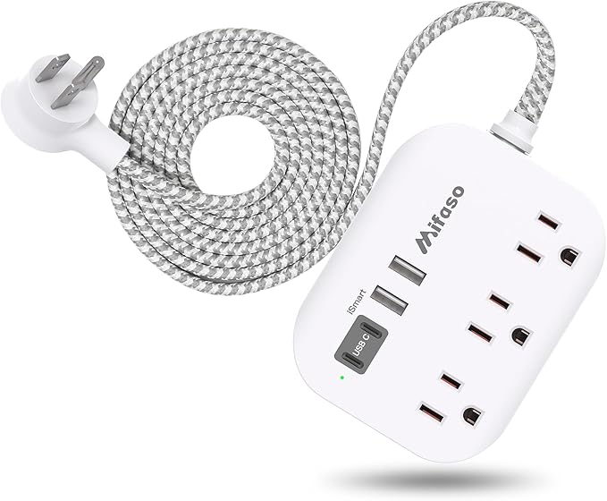 Flat Plug Power Strip with USB Ports - 10FT Extension Cord with 3 Outlets and 3 USB Charging Ports, Wall Mount, No Surge Protection for Cruise Ship Travel, Desk Accessories for Dorm Room Essentials