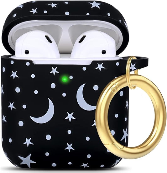 Moon Star Silicone Case Compatible with Airpods Case, Gawnock Soft Earpod Case Cover Flexible Compatible with Airpods 2nd/1st Generation Floral Print Cover for Women Girls with Keychain - Moon/Star